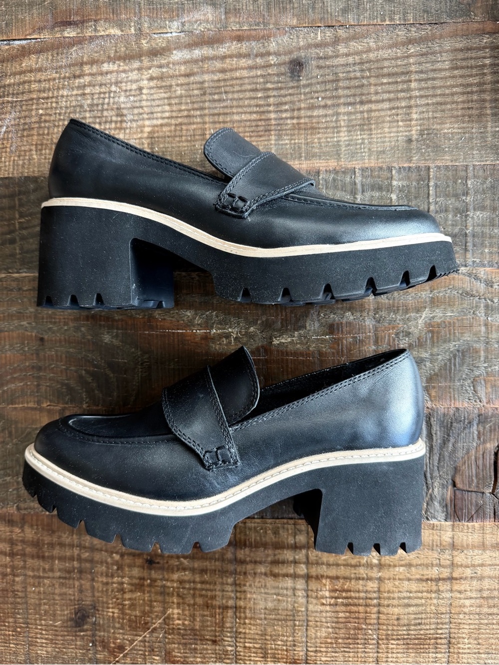 Dolce Vita Black Leather Chunky Lug Sole Block Heel Platform Loafers Size 7.5